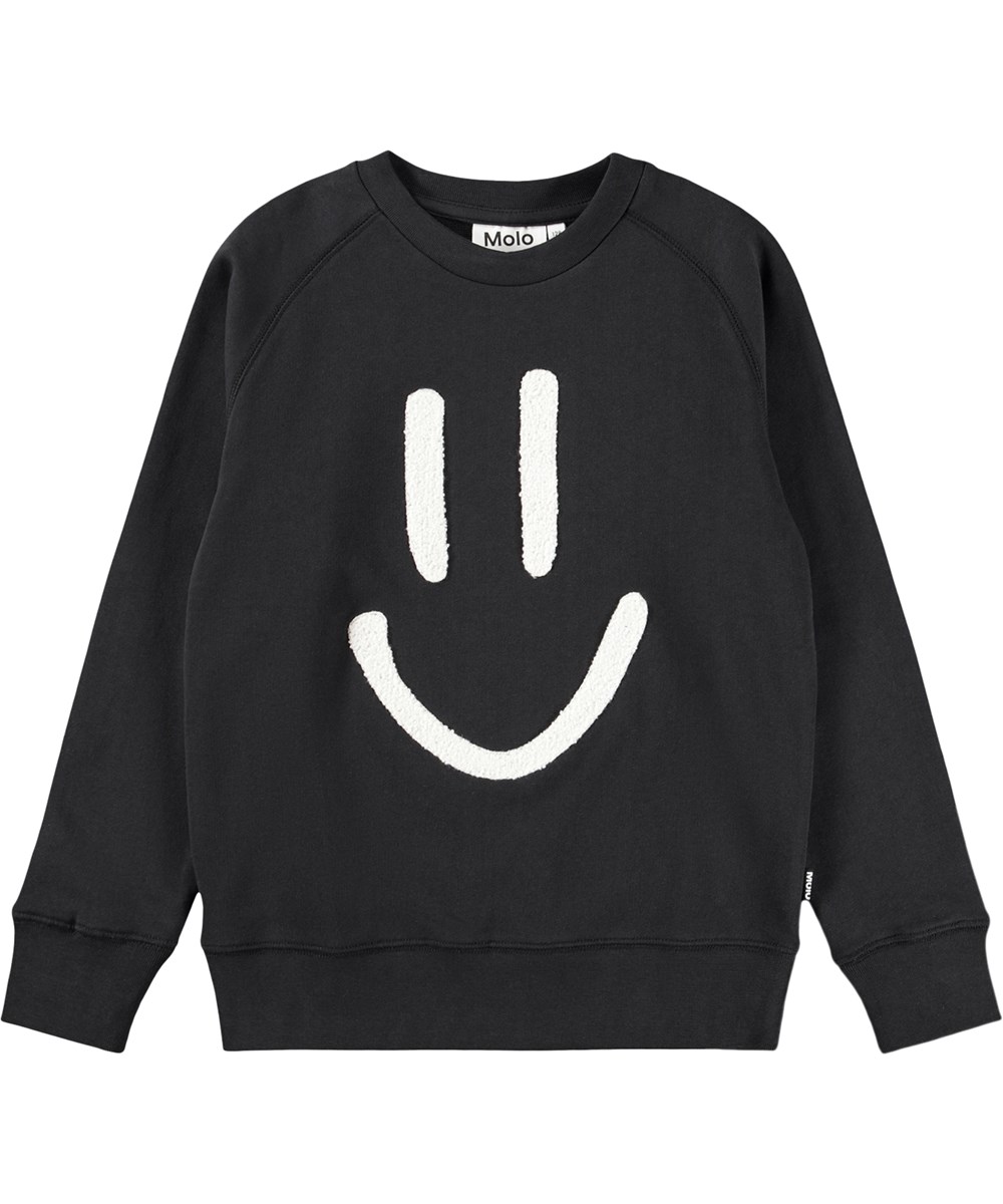 Mike - Black - Svart sweatshirt för barn i ekologisk bomull med ett leende broderi