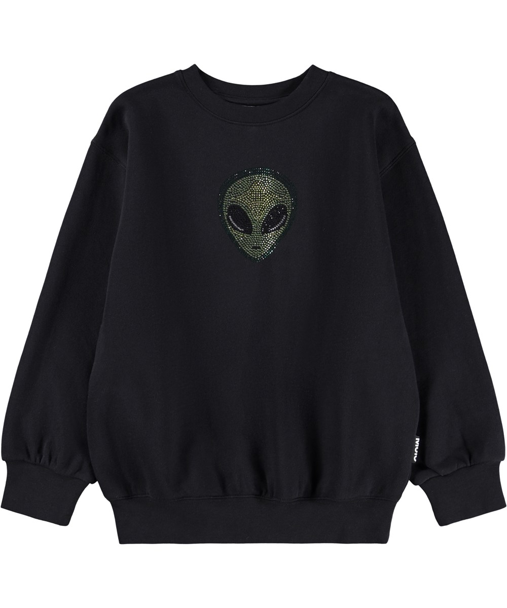 Monti - Bling Alien - Svart sweatshirt för barn i mjuk ekologisk bomull med en paljetterad alien på framsidan och baksidan.