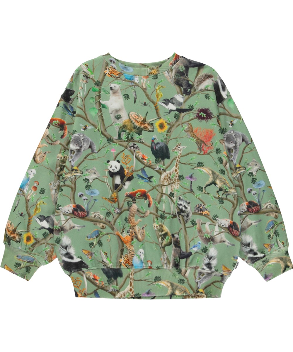 Monti - Lively Tree - Grön ekologisk sweatshirt med djurmönster.