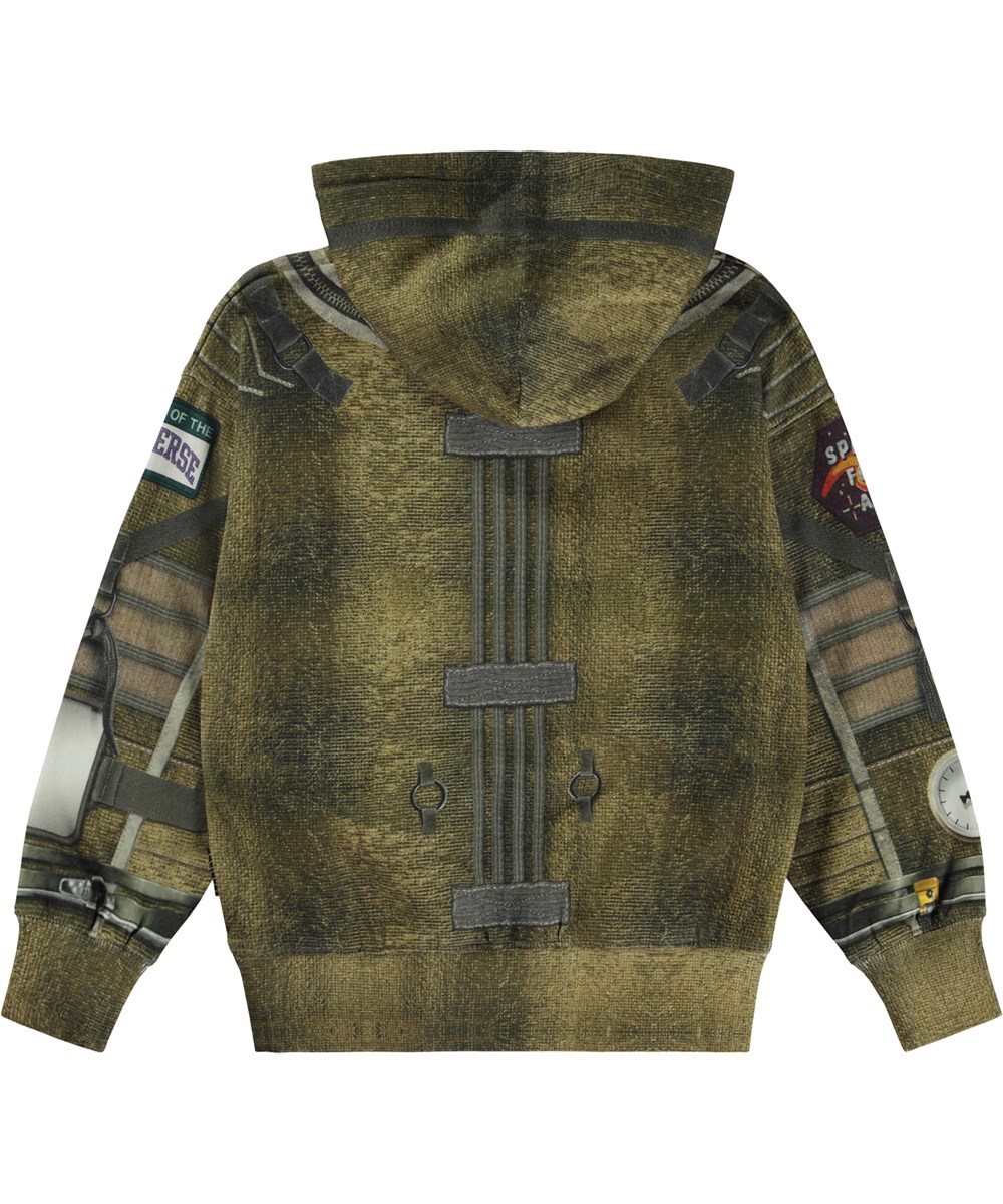 Moz - Space Suit - Brun ekologisk hoodie med rymddräktmönster.