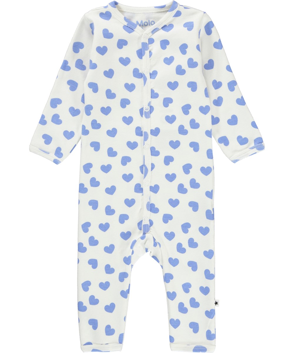 Fahari - Blue Hearts - Öko weißer Babyanzug mit blauen Herzen