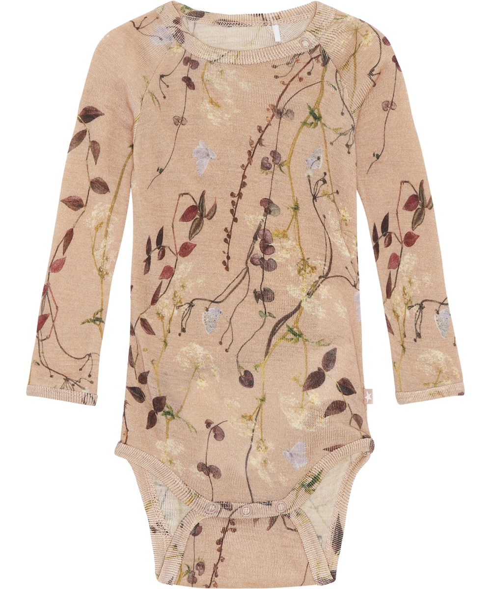 Farai - Delicate Branches - Rosafarbener Baby-Body aus Wolle mit Blumendruck