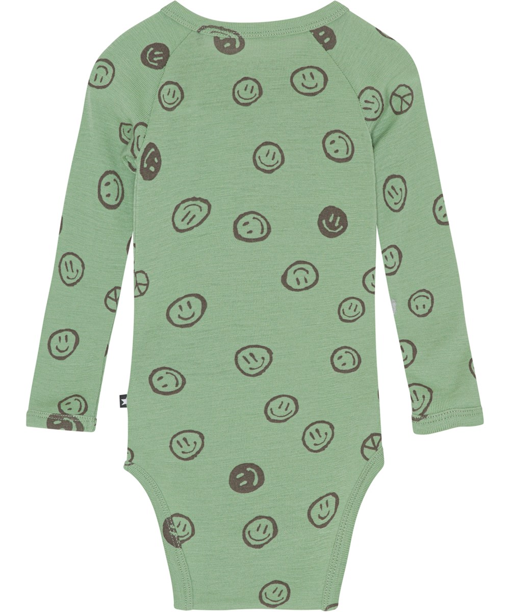 Farai - Happy Moss - Grüner Baby-Body aus Oeko-Tex Merinowolle mit Smile-Print