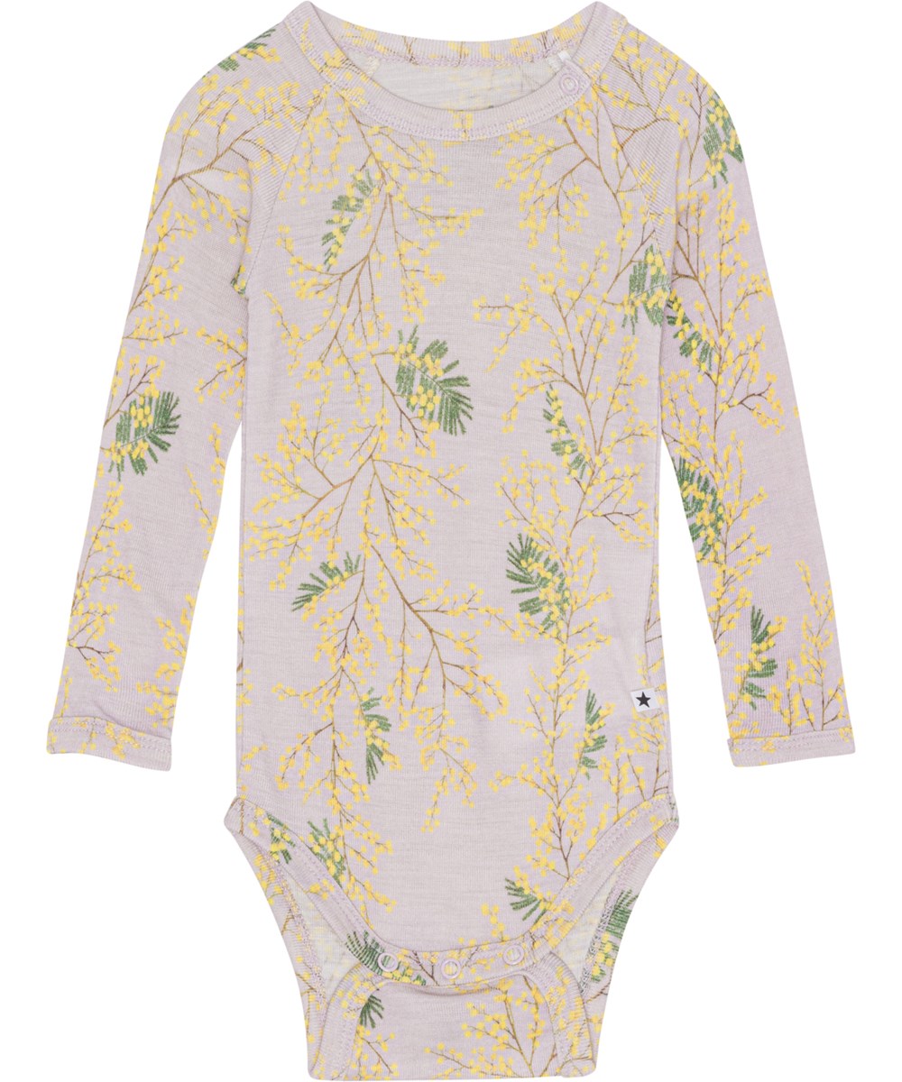 Farai - Mimosa Wool - Lila Baby-Body aus Oeko-Tex Merinowolle und durchgehendem Mimosen-Print