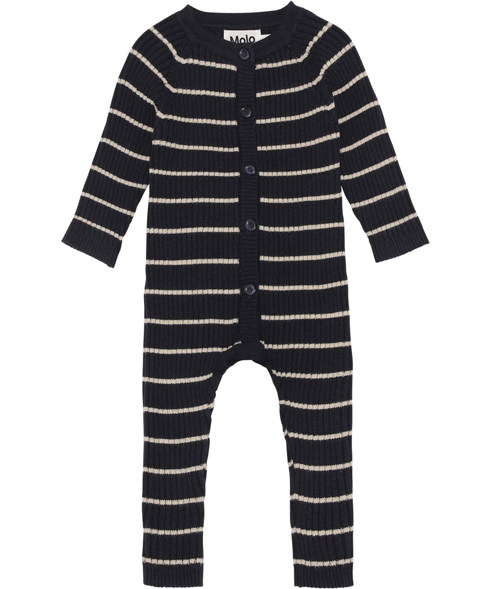 Farley - Galaxy Stripe - Gestrickter blauer Babyanzug mit weißen Streifen