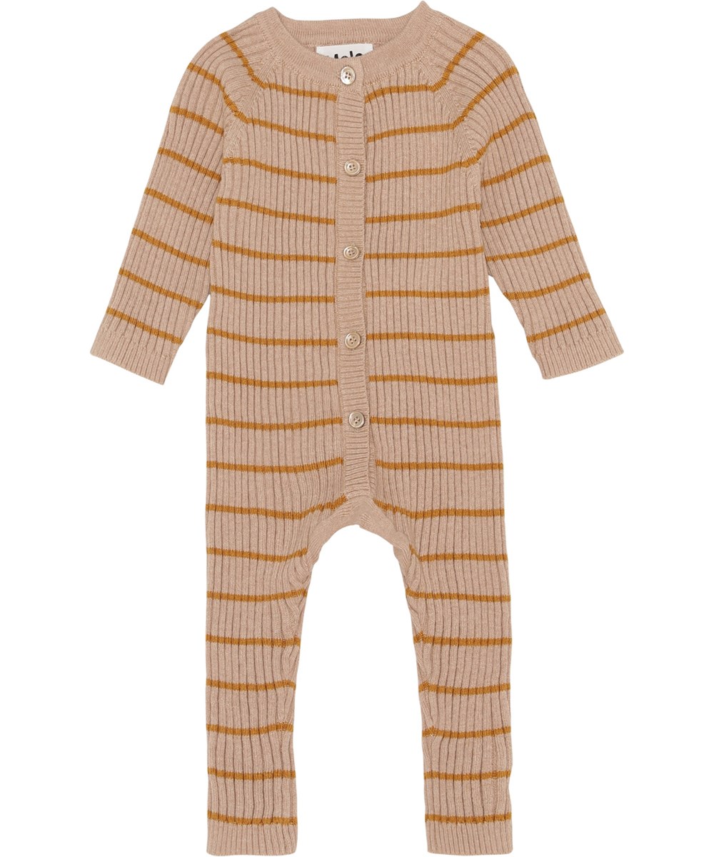 Farley - Rose Stripe - Gestrickter rosa Babyanzug mit braunen Streifen