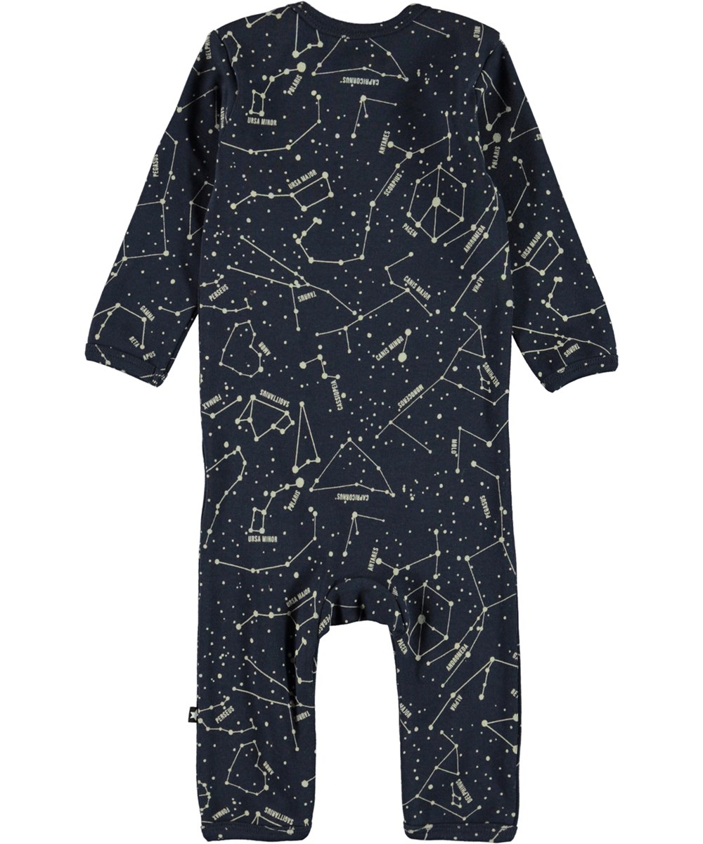 Faso - Star Maps - Blauer Öko-Babyanzug mit Aufdruck der Sternenkarte