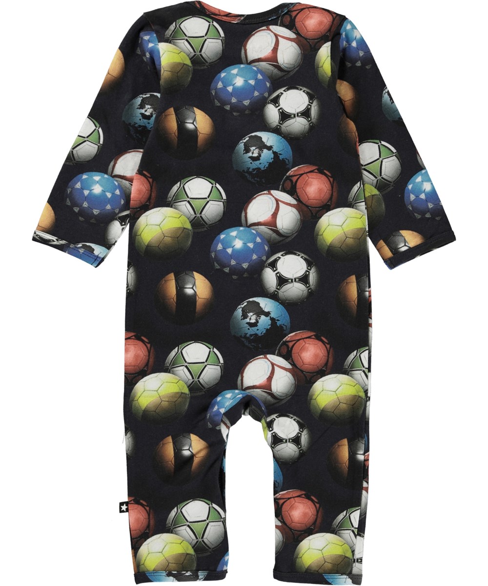 Fenez - Footballs Blue - Öko-Babyanzug mit Aufdruck von Fußbällen