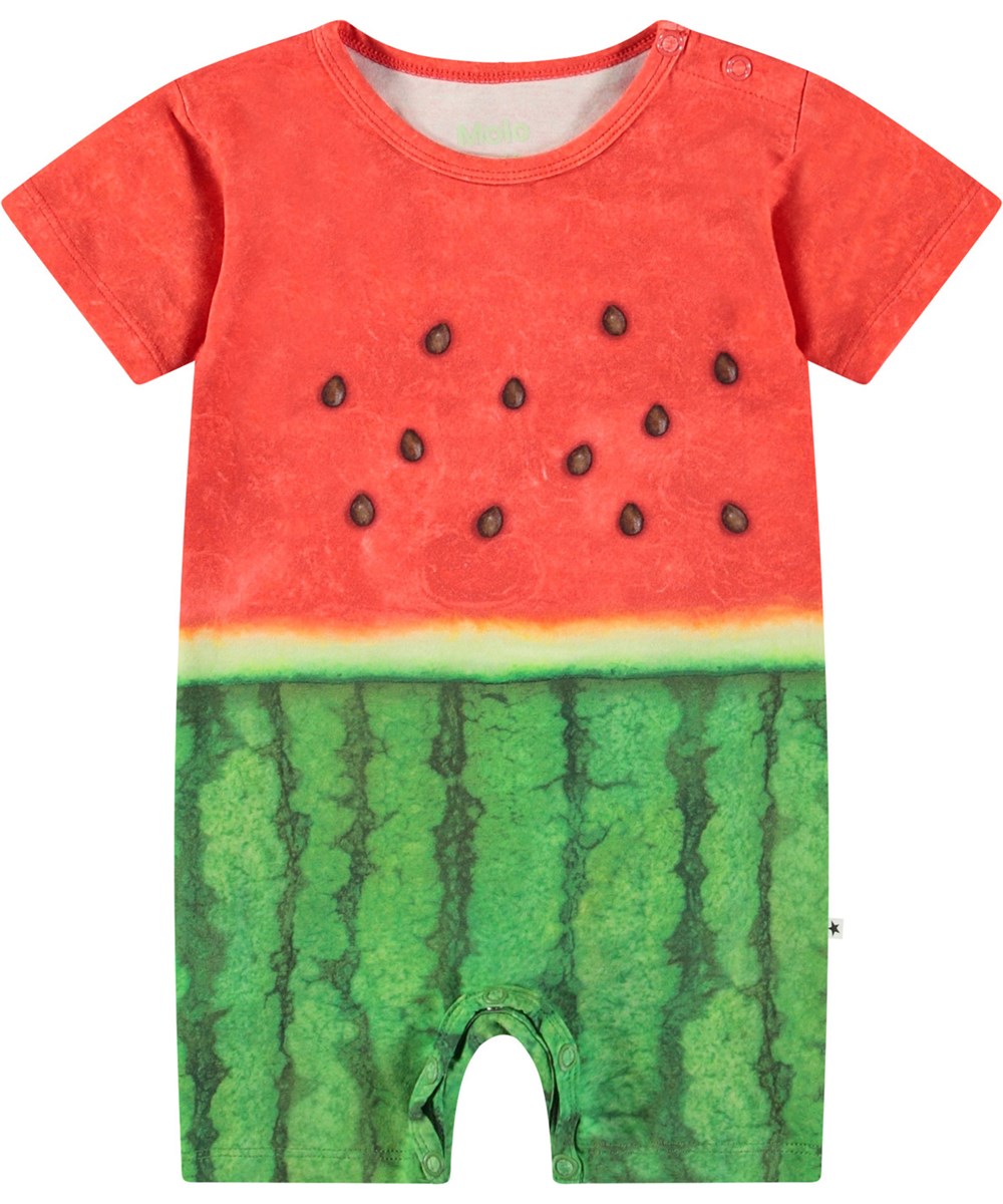 Finn - Be A Melon - Organischer Kurzarm- und Kurzbein-Strampler für Babys mit einem Wassermelonen-Druck.