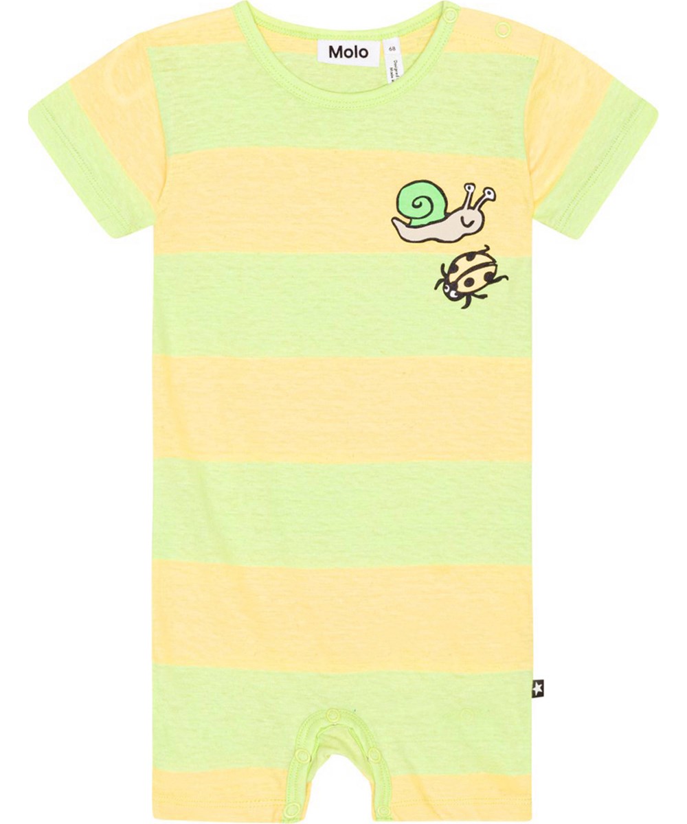 Finn - Bleach Sun - Gestreifter gelb-hellgrüner Overall mit T-Shirt-Ärmeln aus weicher Baumwolle