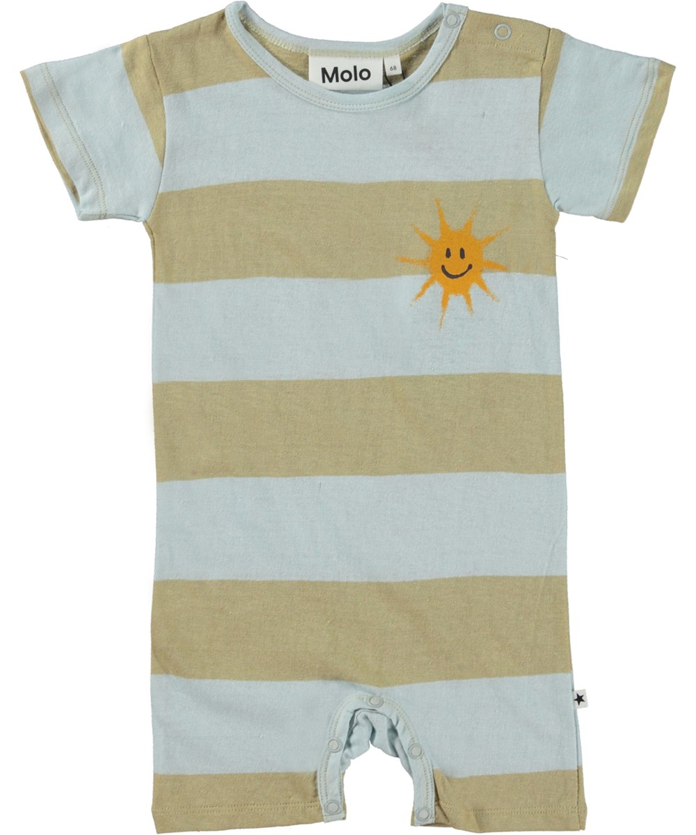 Finn - Iced Blue Stripe - Gestreifter Babyanzug in den Farben grün braun und blau