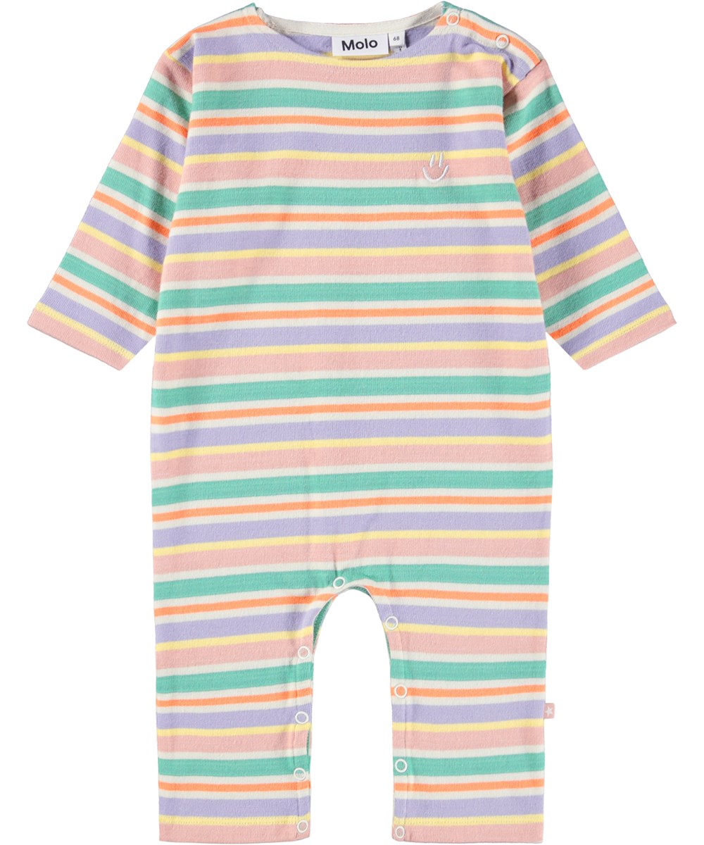 Flint - Emotions Stripe - Baby-Strampler aus Öko-Baumwolle mit mehrfarbigen Streifen.