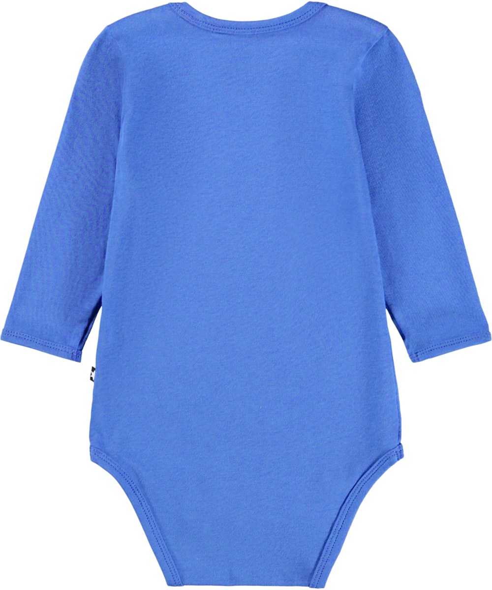 Foss - Baby Elephant - Blauer Langarm-Body für die Kleinen aus Öko-Baumwolle mit einem Aufdruck eines Babyelefanten.