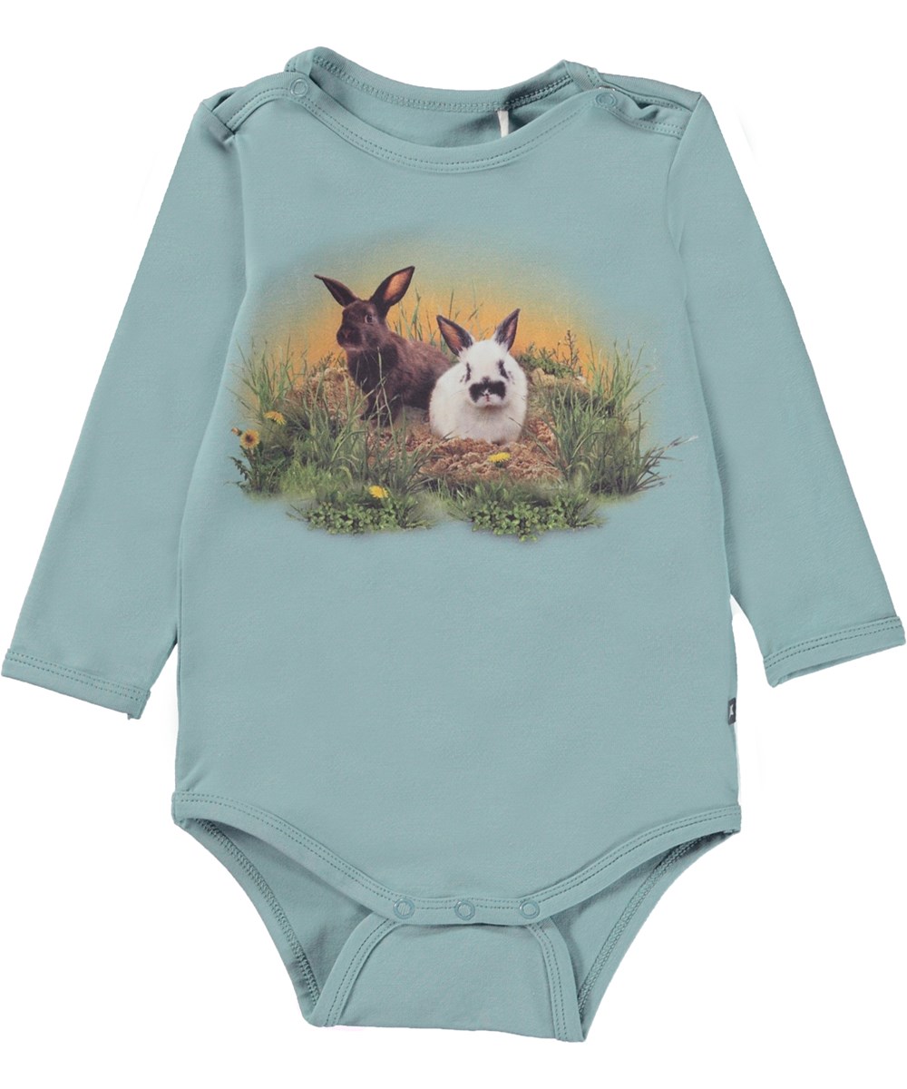 Foss - Cute Rabbits - Blauer Baby-Body aus Öko-Baumwolle mit Kaninchenaufdruck