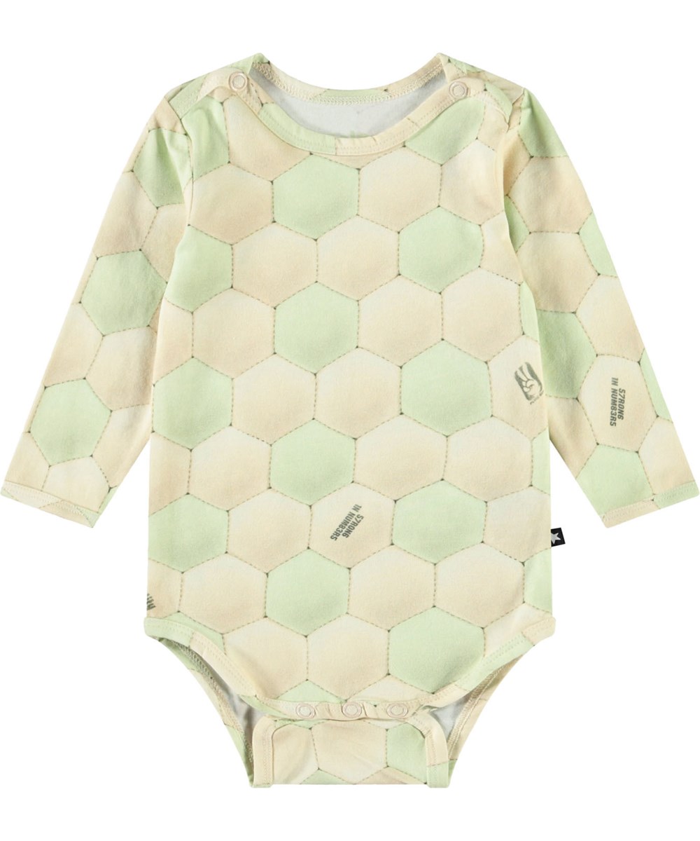 Foss - Football Misty - Langärmeliger Body aus Öko-Baumwolle für Babys mit einem Fußball-Print in hellen Farbtönen.