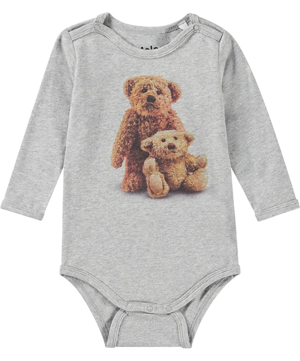 Foss - Furry Friends_Body - Grauer Langarm-Body aus Öko-Baumwolle mit niedlichem Teddybär-Print.