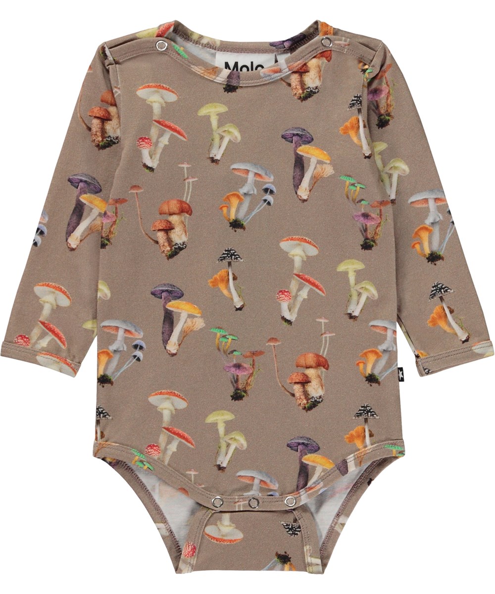 Foss - Mini Fungi - Graubrauner Öko-Babybody mit Pilz-Print