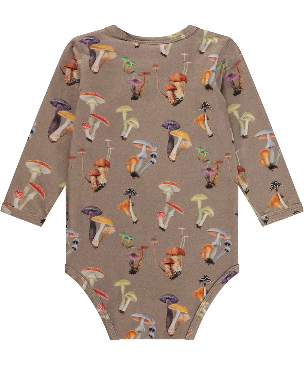 Foss - Mini Fungi - Graubrauner Öko-Babybody mit Pilz-Print