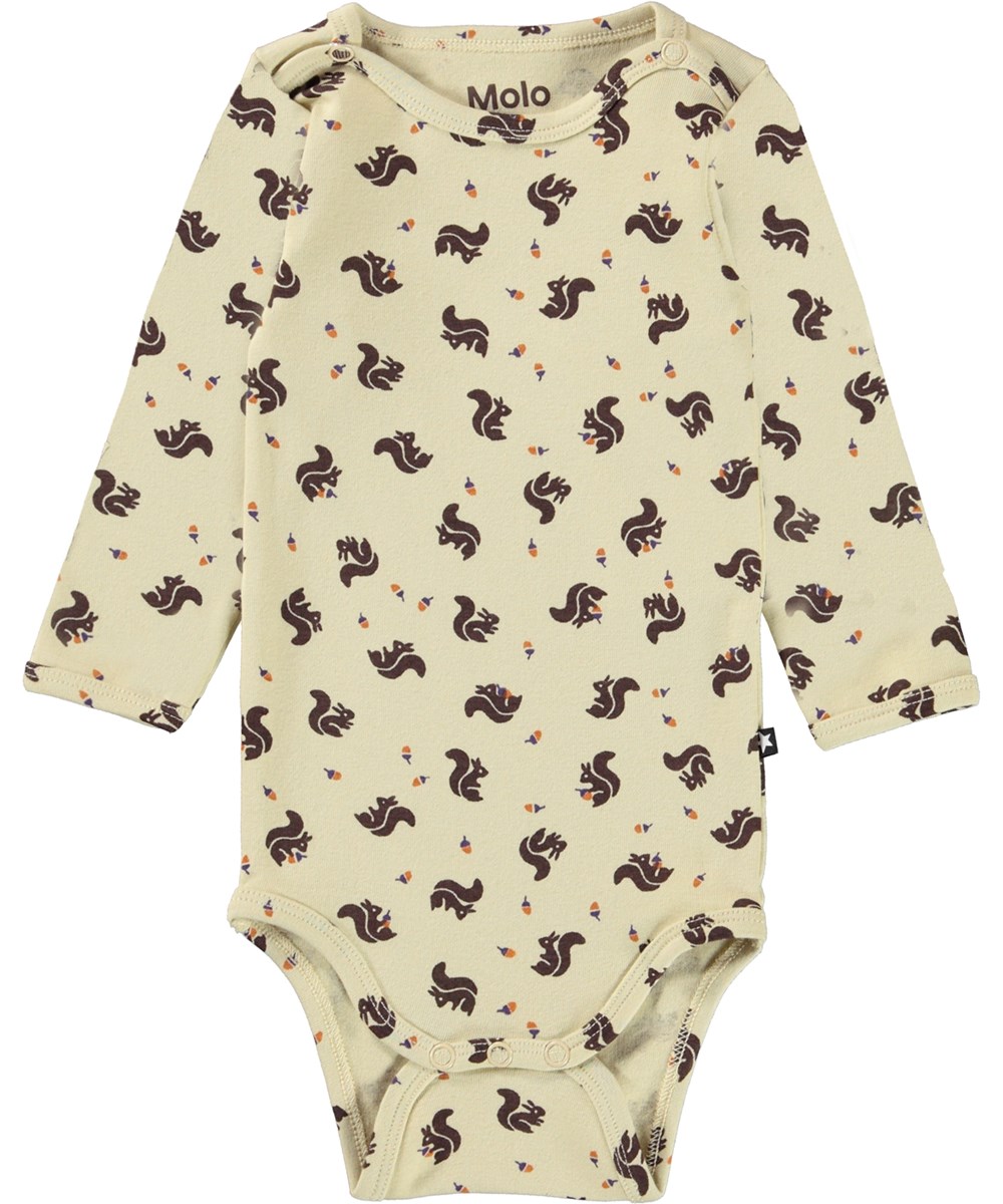 Foss - Mini Squirrel - Hellgelber Öko-Babybody mit Eichhörnchen-Print