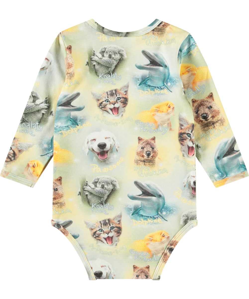 Foss - Smilng Cubs - Langärmeliger Body aus Öko-Baumwolle für Babys mit einem Aufdruck von lächelnden Tierjungen.