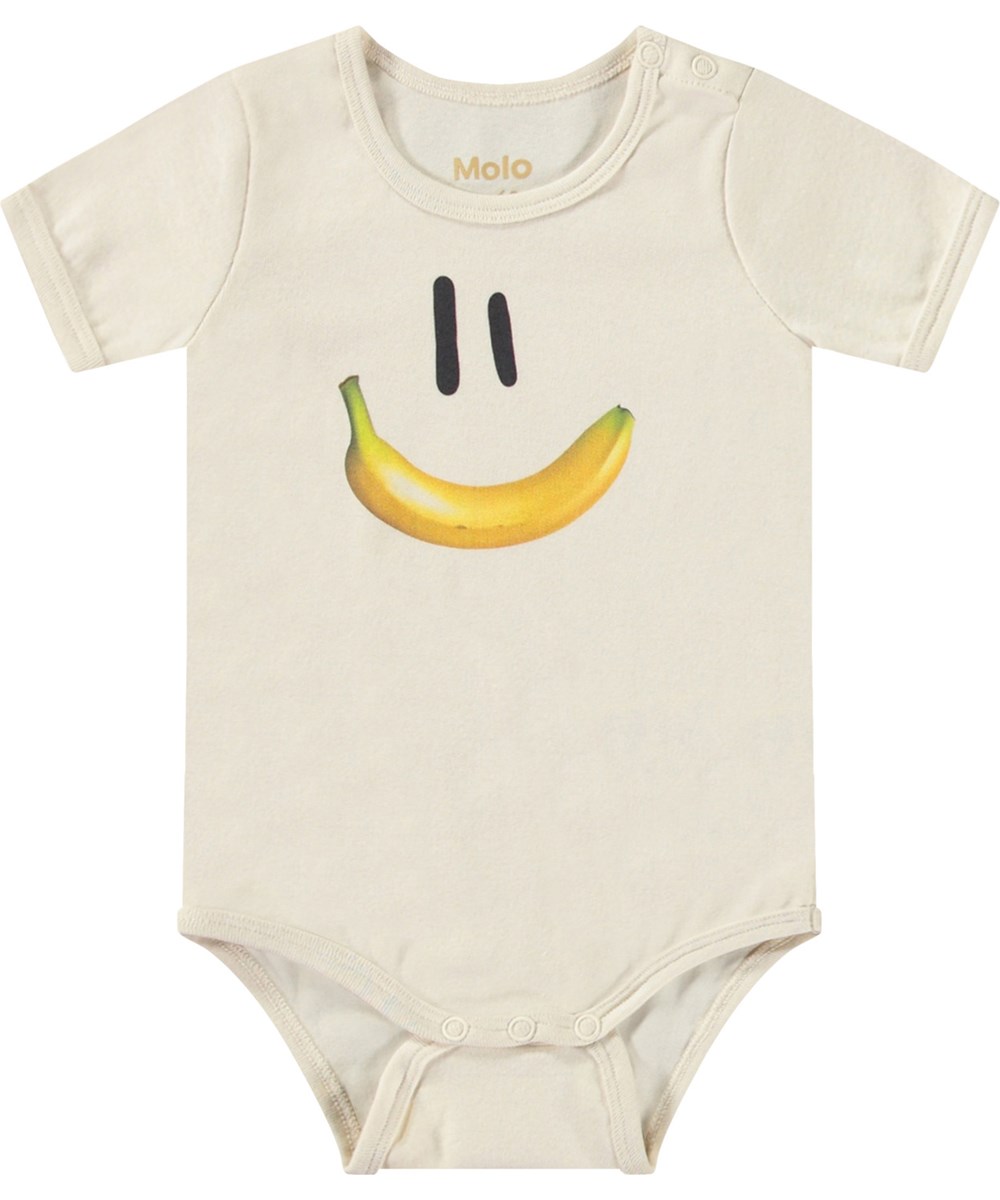 Fossie - Babynanas Smile - Kurzarm-Body aus Öko-Baumwolle für Babys. Dieser Body zeigt ein lächelndes Gesicht mit einem Bananenmund.
