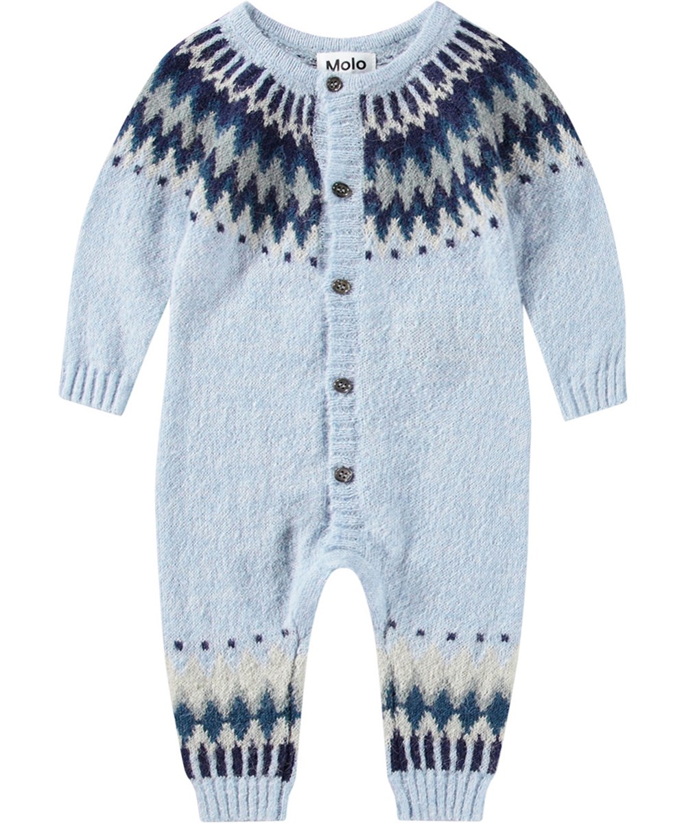 Frej - Blue Hues - Hellblauer Overall aus einer Alpakawollmischung mit nordischem Muster.
