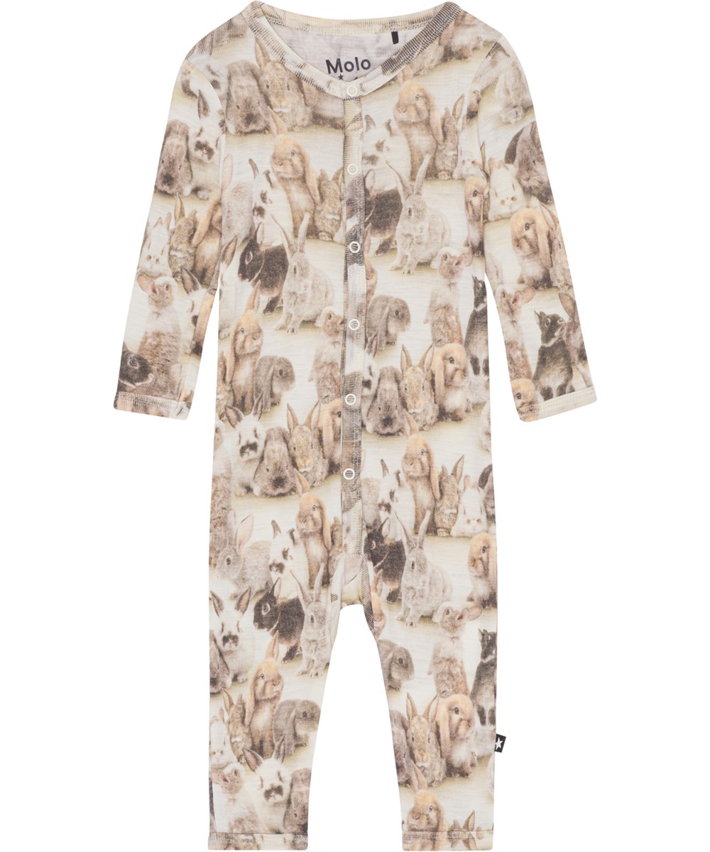Fahari - Baby Rabbits - Baby romper in Oeko-Tex Merino wool and in all over bunny print