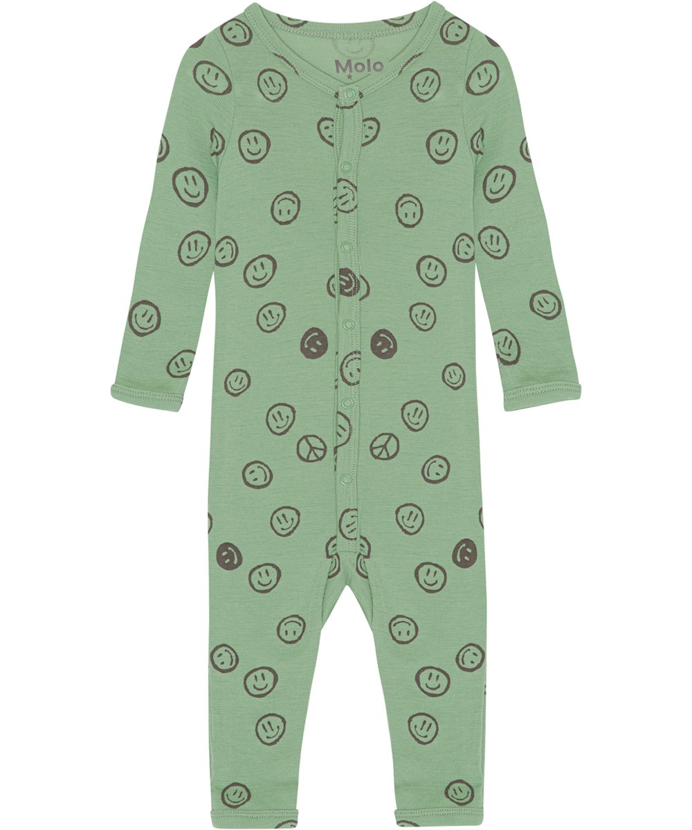 Fahari - Happy Moss - Green baby romper in Oeko-Tex Merino wool and in all over smiley face print