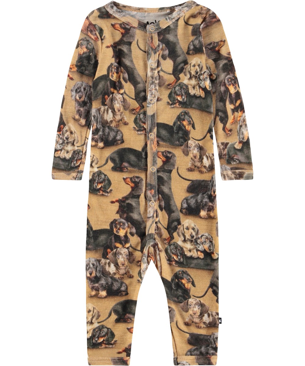 Fahari Wool - Dachshunds - Brown baby romper made of Merino wool with a dachshunds print
