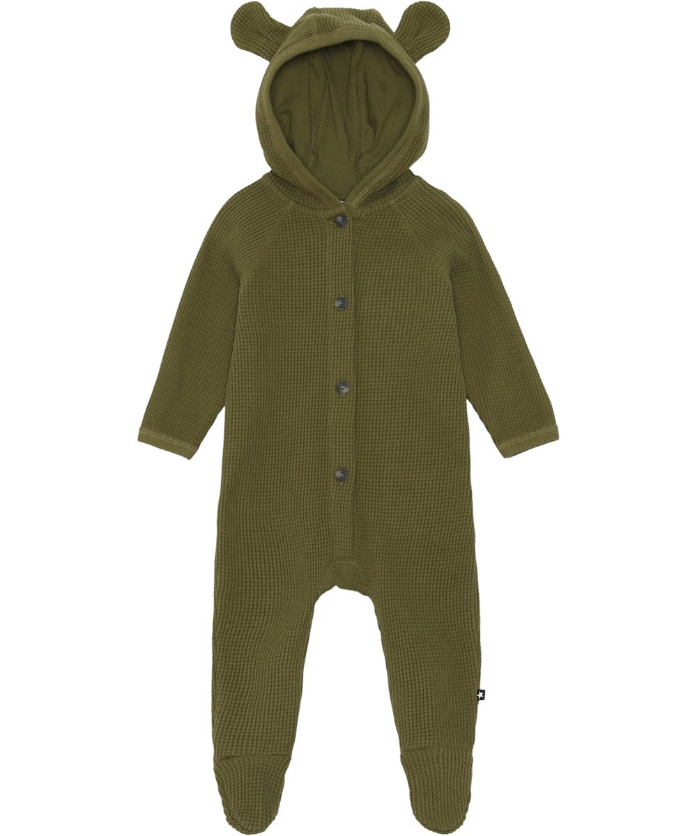 Faith - Sphagnum - Green organic waffle knit baby romper with ears 