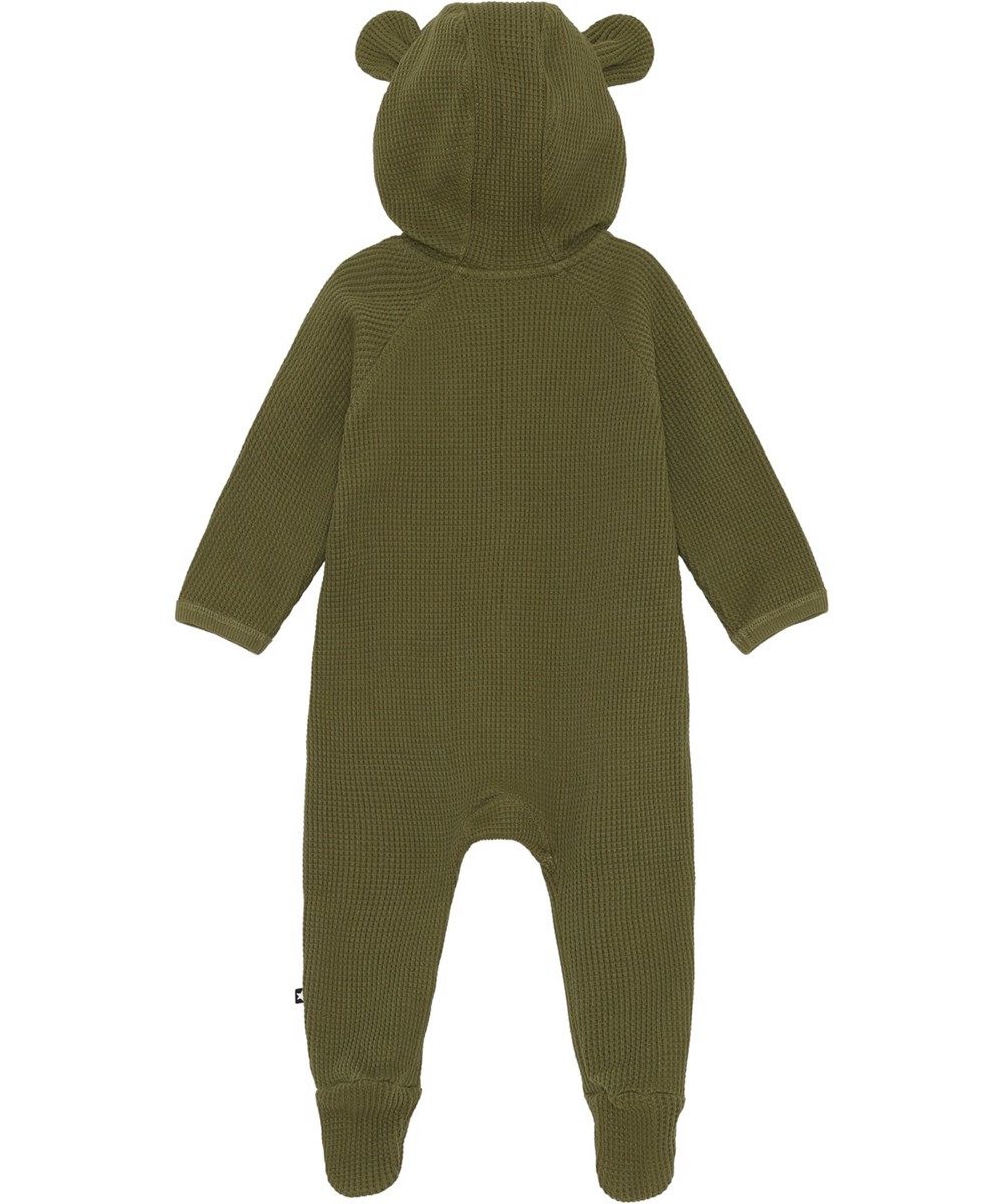 Faith - Sphagnum - Green organic waffle knit baby romper with ears 