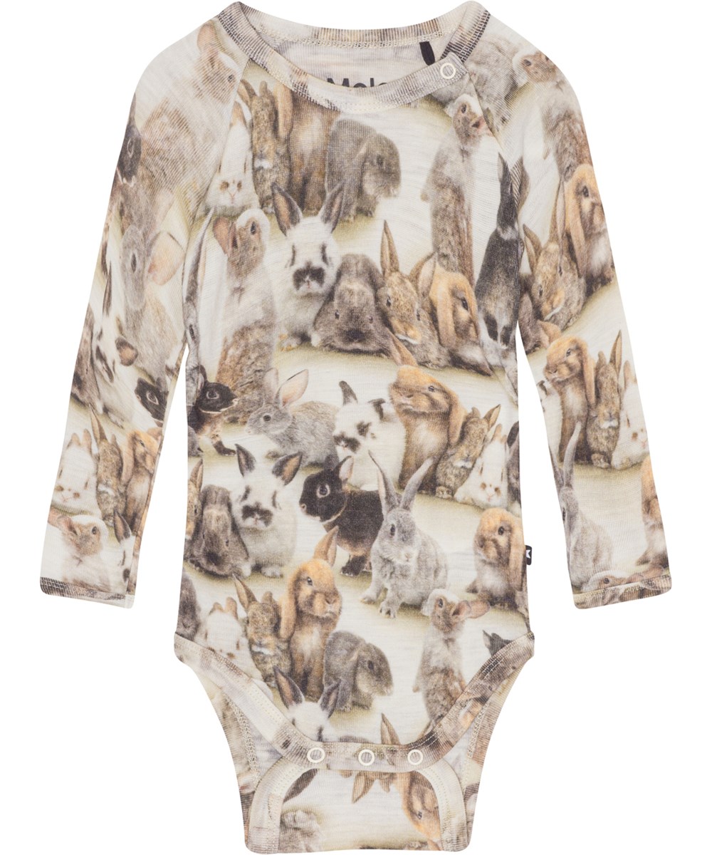 Farai - Baby Rabbits - Rompertje in Oeko-Tex merinowol en een konijntjes print