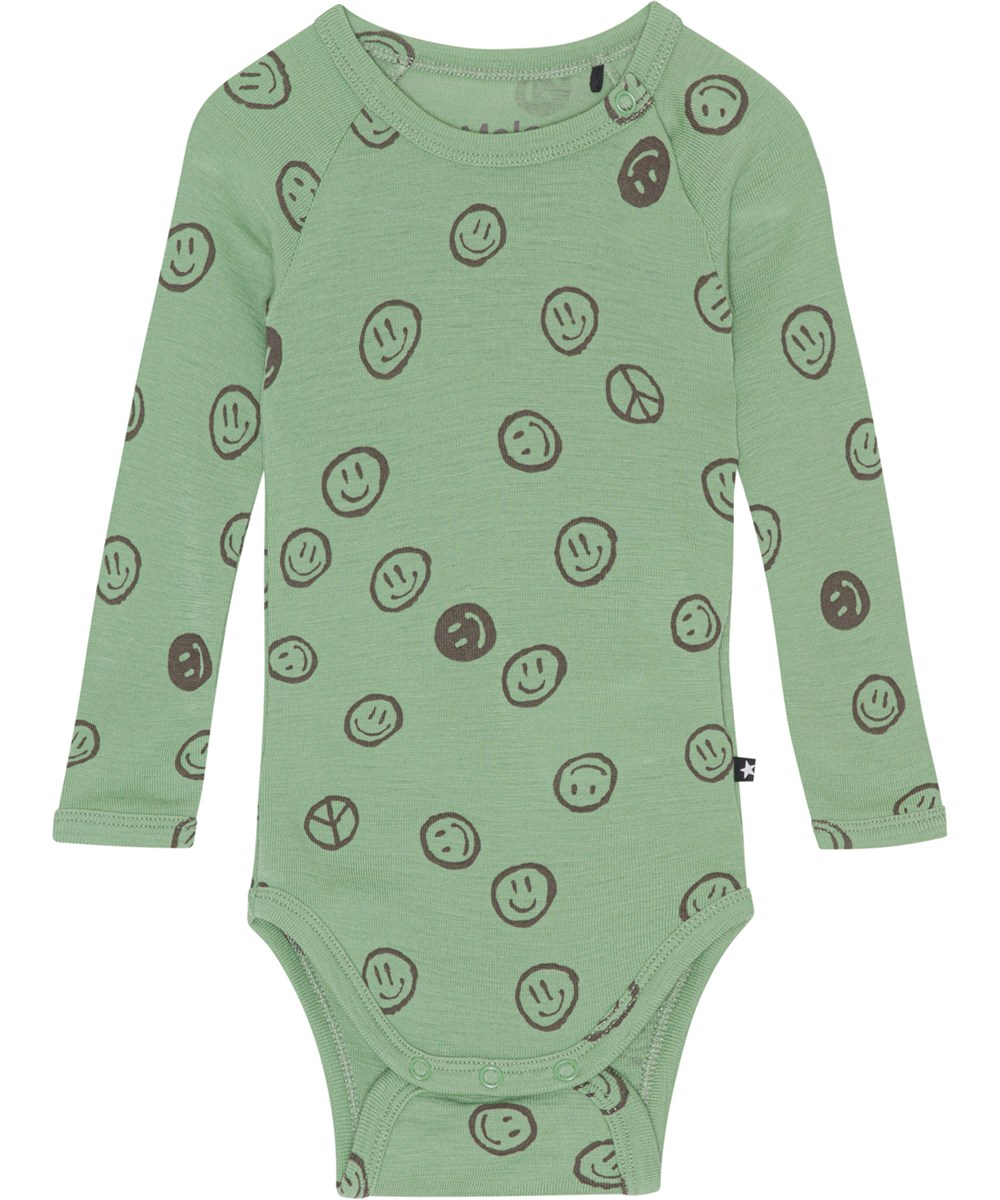 Farai - Happy Moss - Groene rompertje in Oeko-Tex merinowol met een smiley print