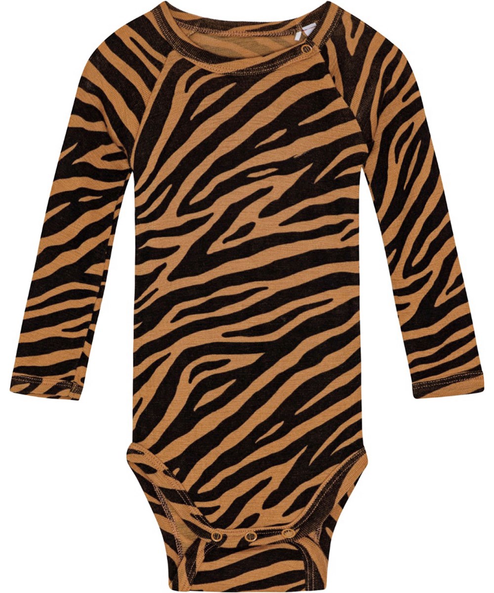 Farai - Zebra Wool - Black and orange long-sleeved baby bodysuit with zebra stripes made from organic merino wool.