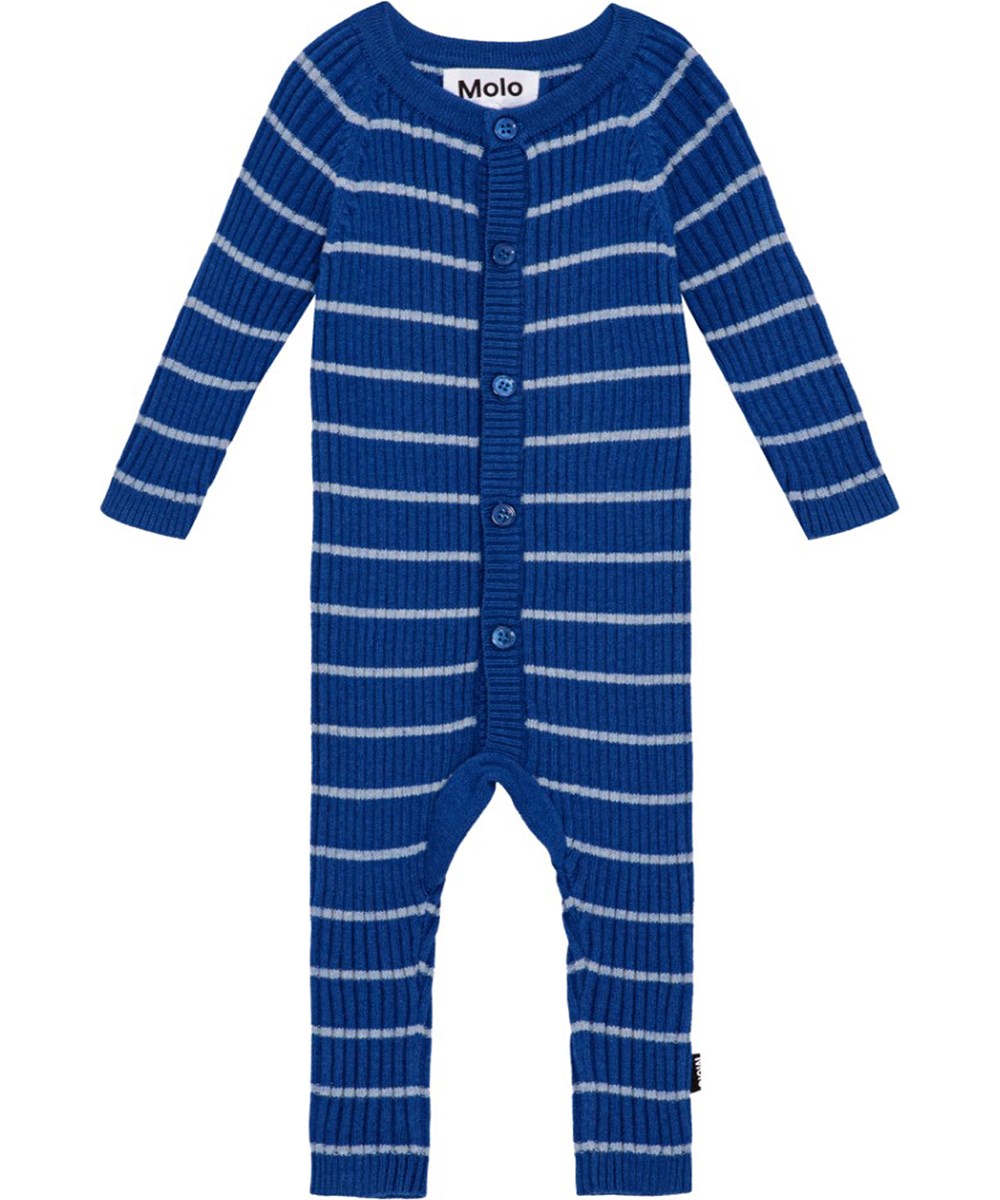Farley - Fjord Stripe - Soft dark blue ribbed baby bodysuit with light blue stripes and raglan sleeves.