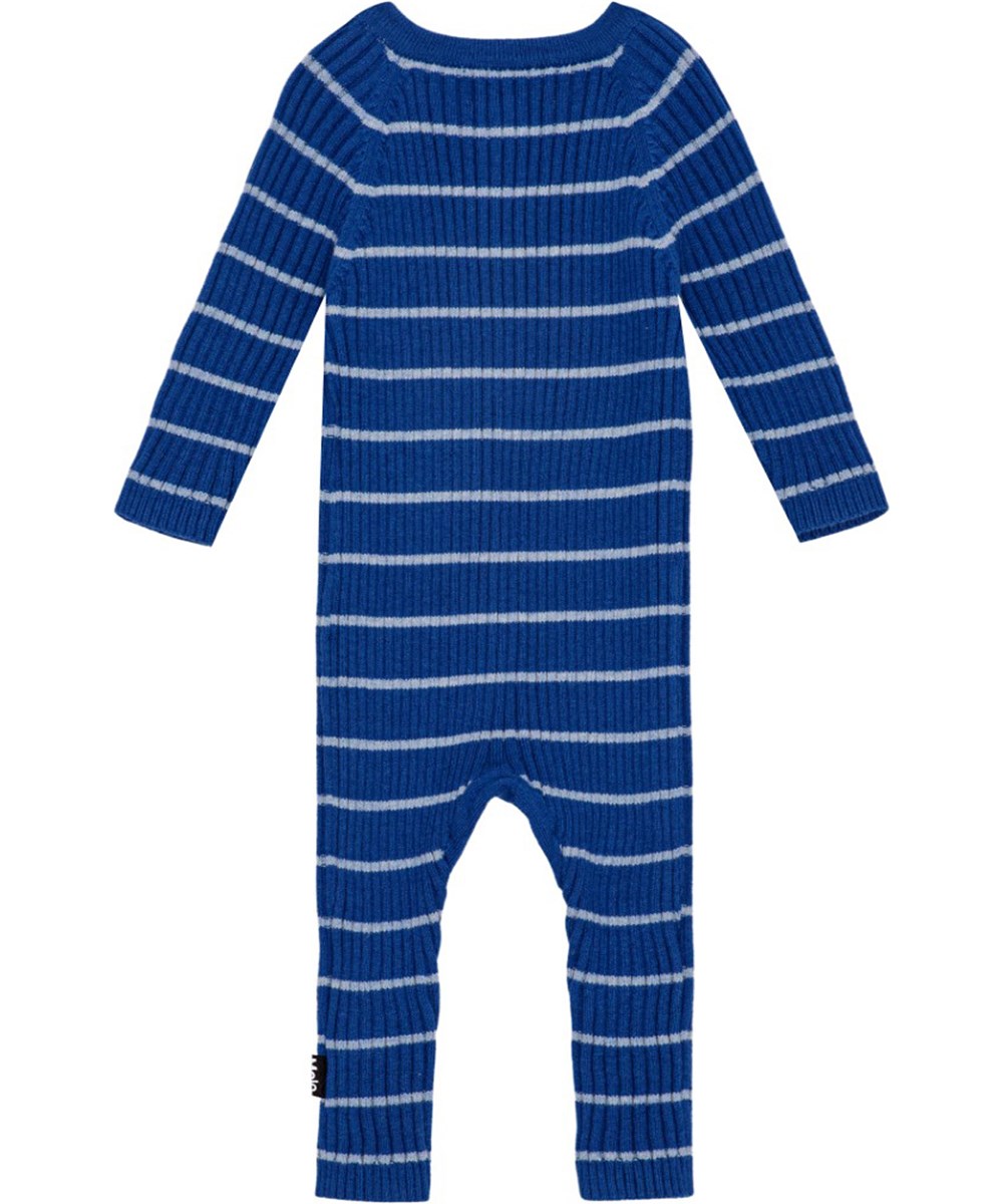 Farley - Fjord Stripe - Soft dark blue ribbed baby bodysuit with light blue stripes and raglan sleeves.