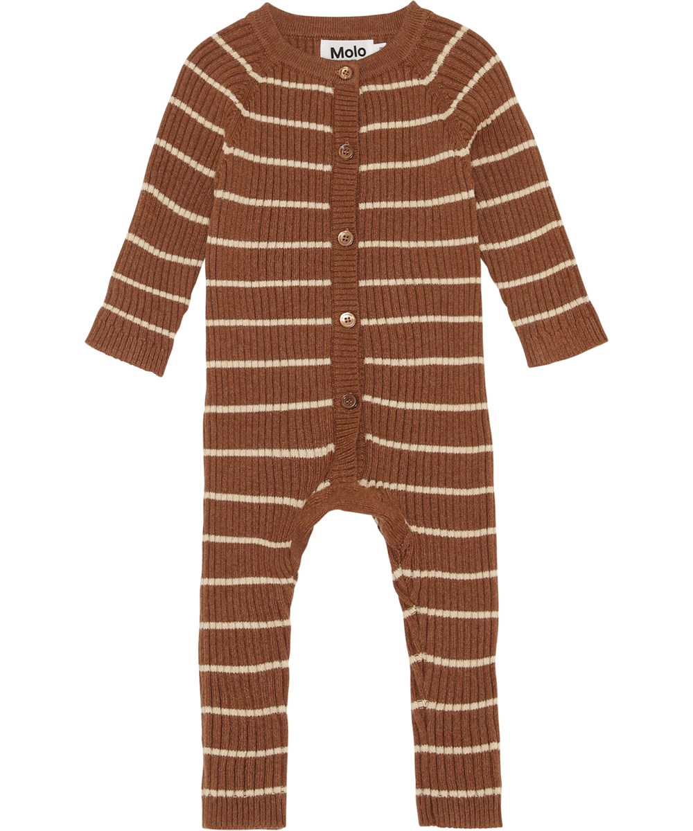 Farley - Tawny Stripe - Brown knit baby romper with white stripes