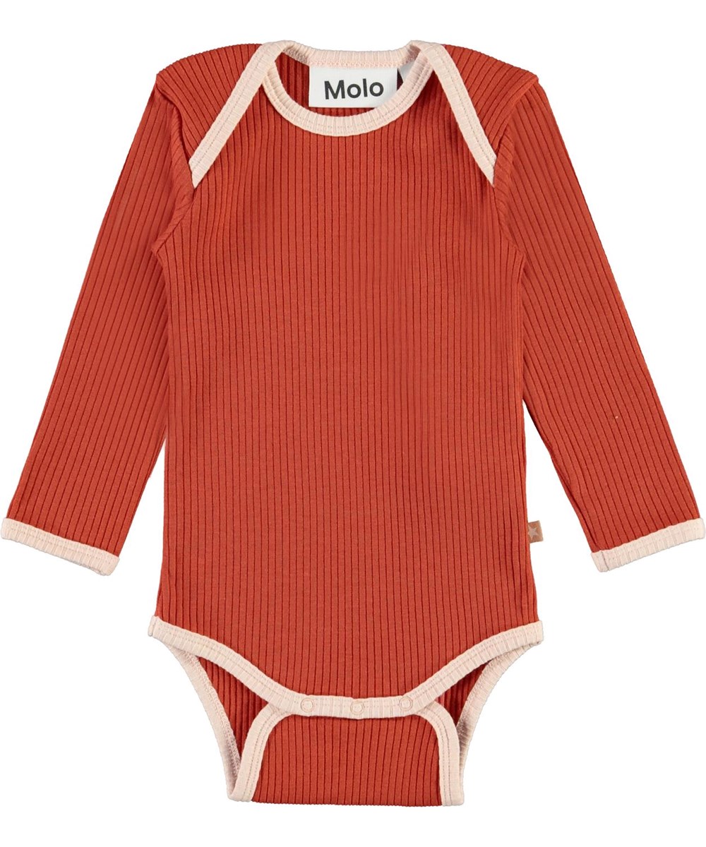 Faros - Burnt Brick - Dark red baby bodysuit with pink edges