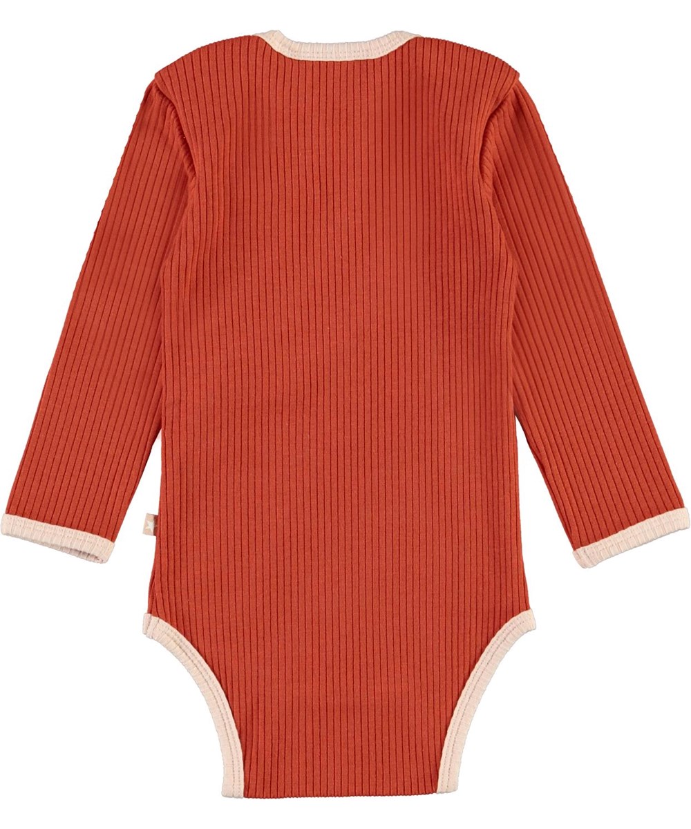 Faros - Burnt Brick - Dark red baby bodysuit with pink edges