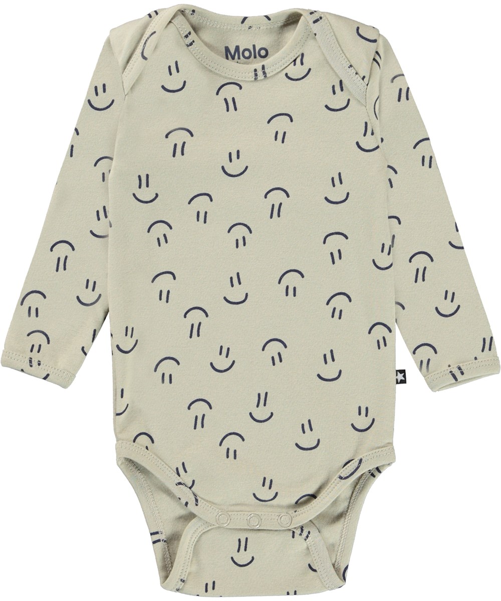 Faros - Happy Graphic - Grey organic baby bodysuit with smiley face print