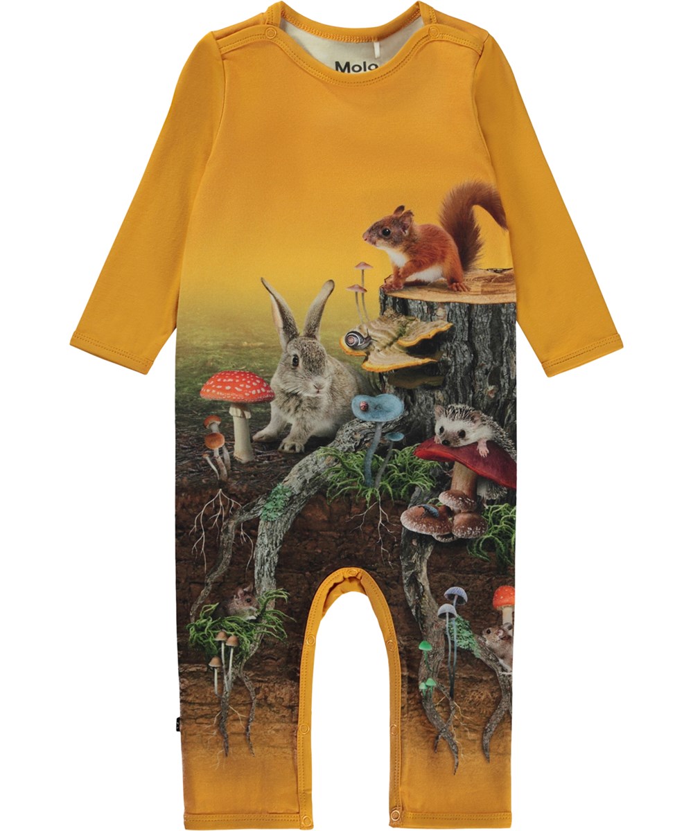 Fenezo - Wood Stump - Orange organic baby bodysuit with small animals and tree stump print 
