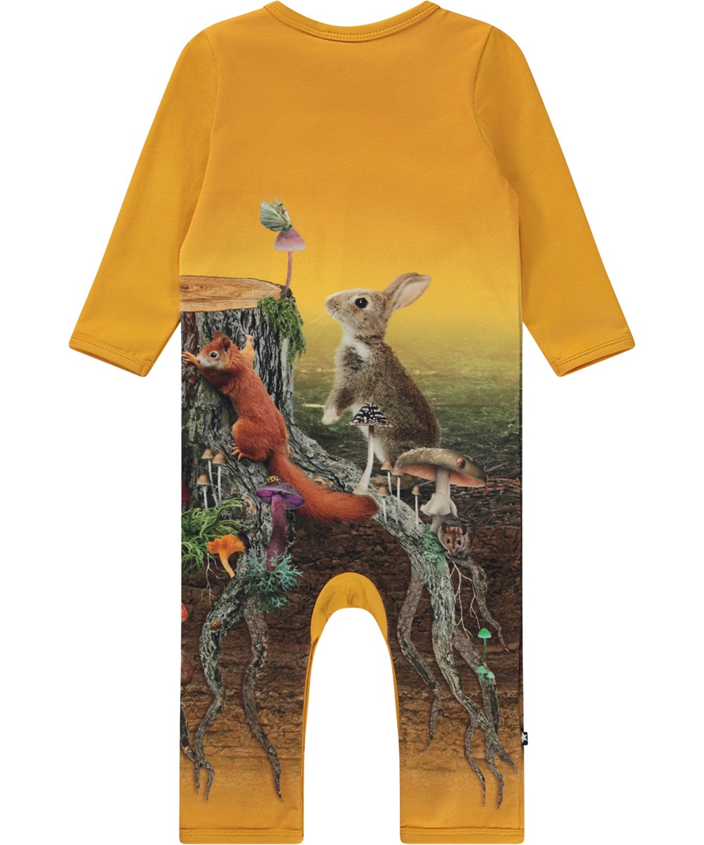 Fenezo - Wood Stump - Orange organic baby bodysuit with small animals and tree stump print 