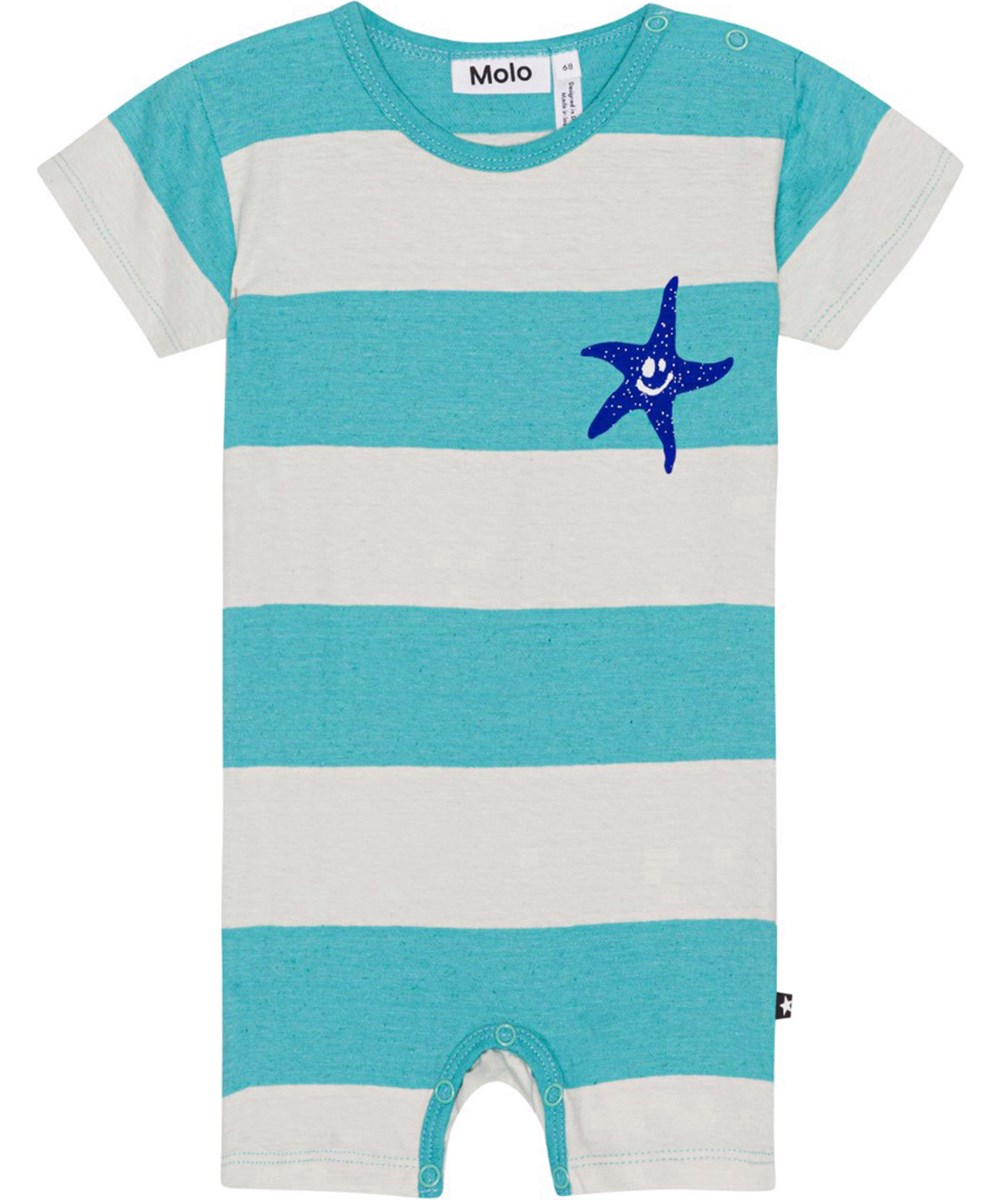 Finn - Pacific Shell - Short sleeve, sand coloured and teal striped suit in soft cotton 