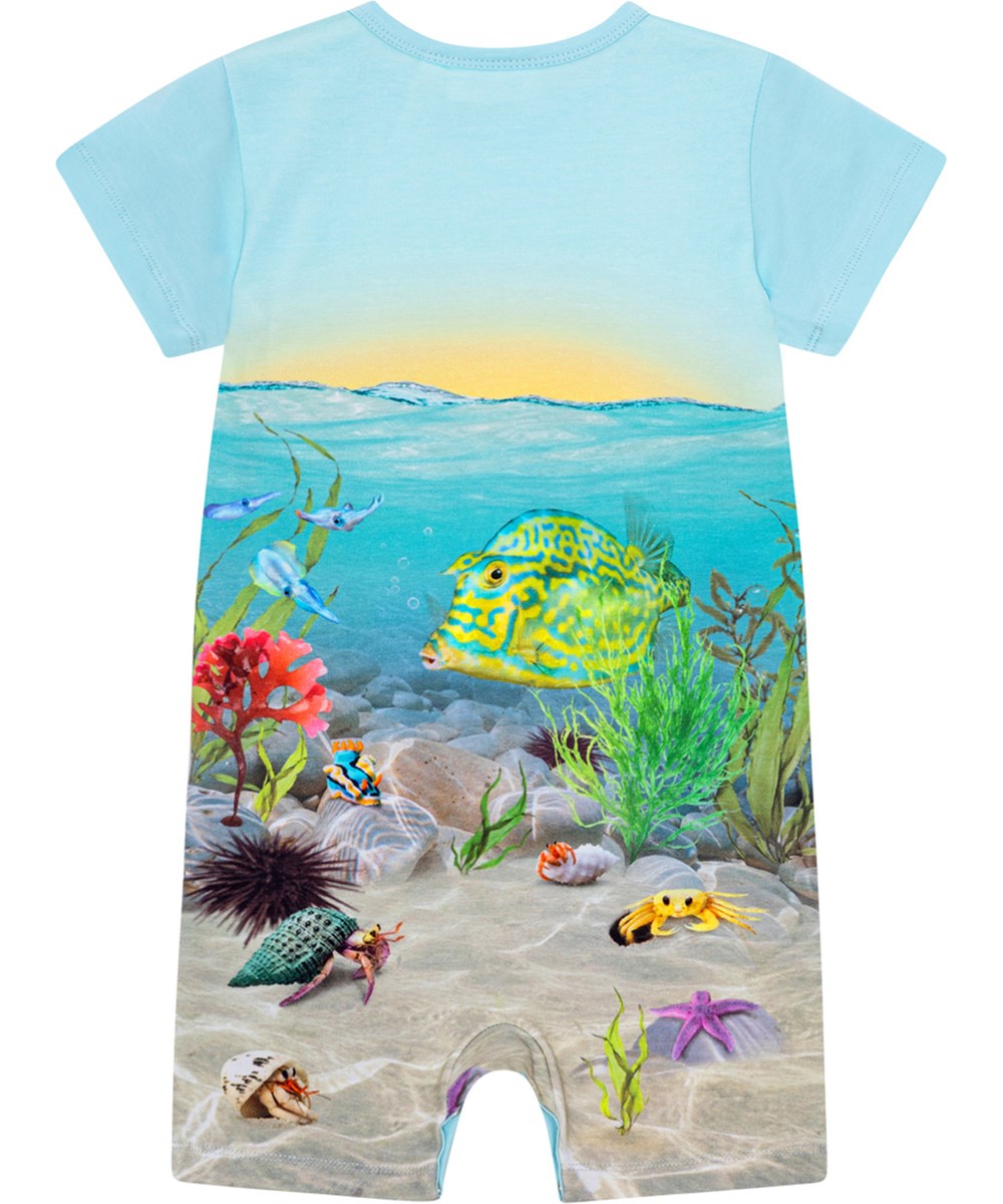 Finn - Tropic Sea Suit - Short sleeve, blue romper in organic cotton with print of a sunset and the bottom of the ocean with fish and plants