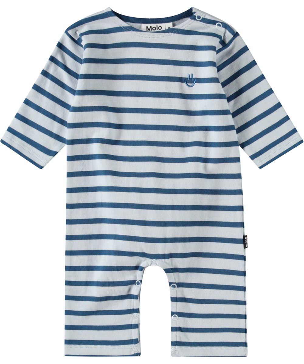 Flint - Lagoa Stripe - Biologische katoenen babypakje met strepen in verschillden kleuren blauw.