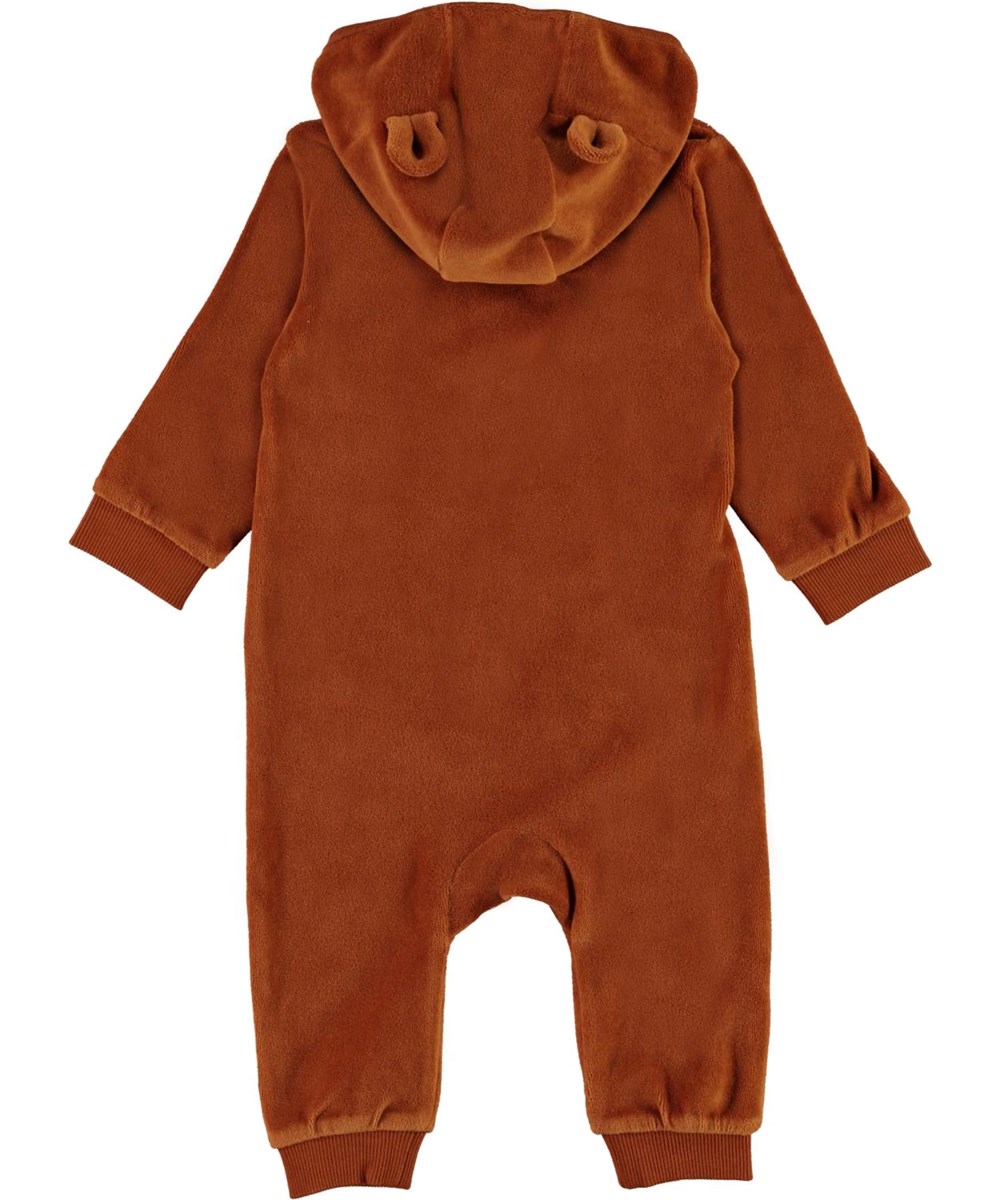 Forest - Iron - Brown velour baby romper with hood with ears 