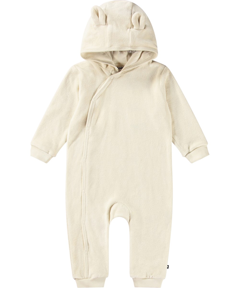 Forest - White Noise - Off-white baby romper in organic cotton with hood and teddy bear ears.