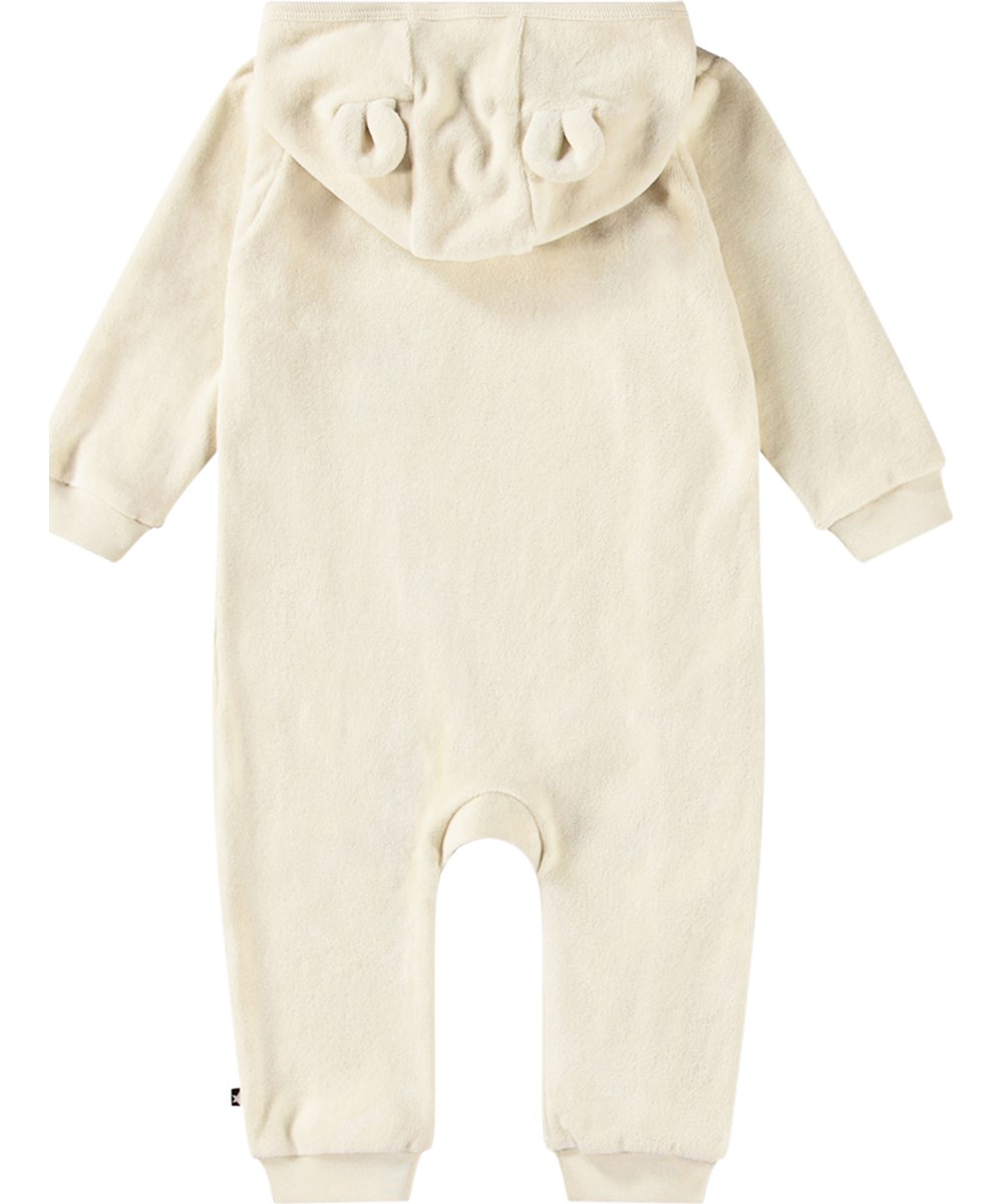 Forest - White Noise - Off-white baby romper in organic cotton with hood and teddy bear ears.