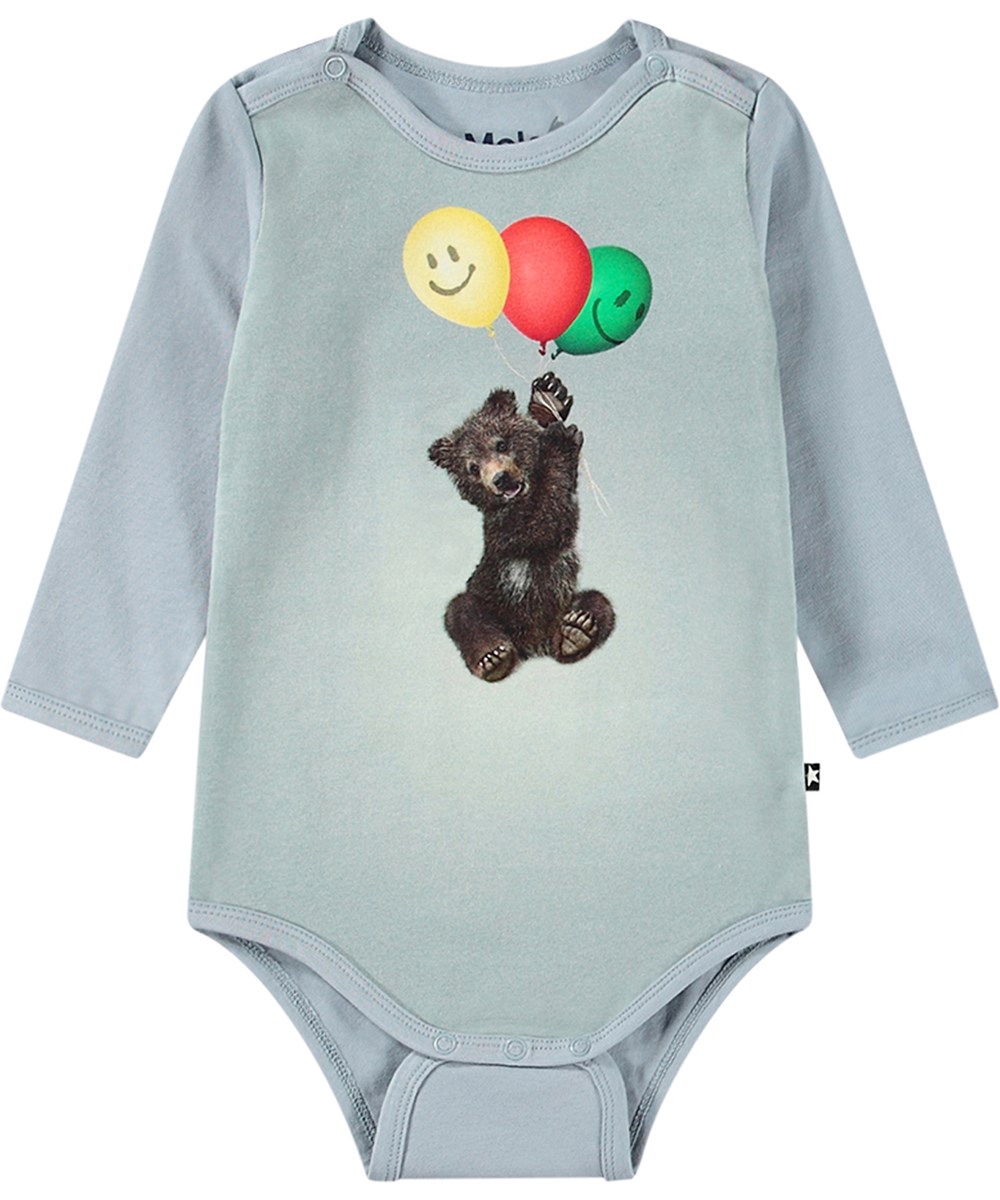 Foss Balloon Bearcub Blue long-sleeved baby bodysuit made from