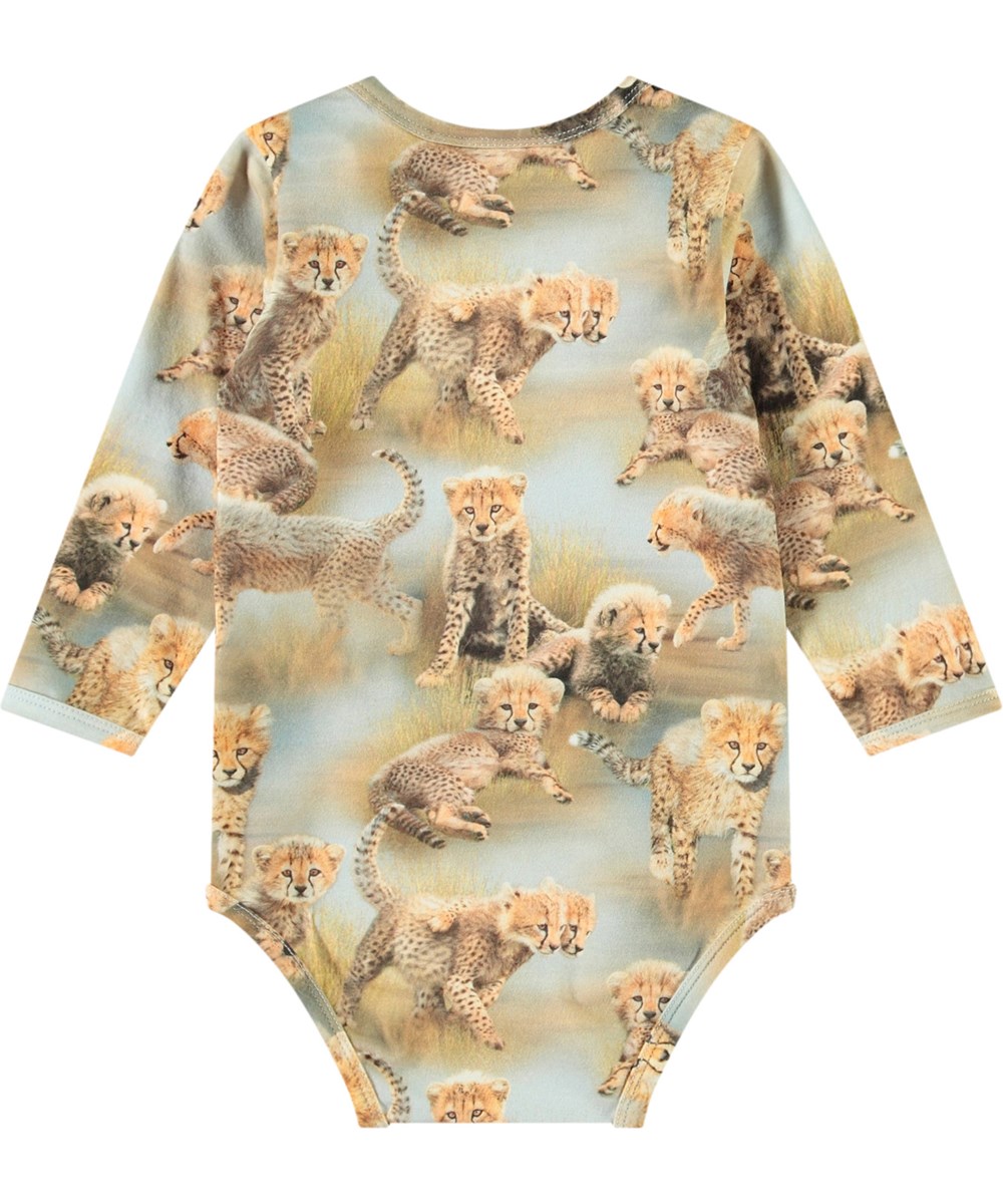 Foss - Cheetah Cubs - Long-sleeved bodysuit in organic cotton for baby with a print of cheetah cubs.